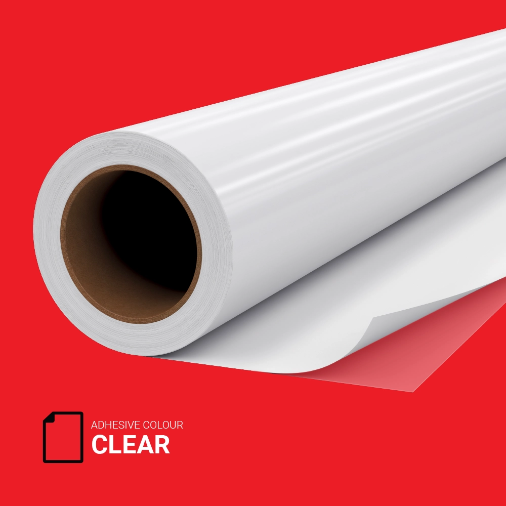 Roll of clear self adhesive vinyl with red backing card, ideal for internal and external window or display graphics