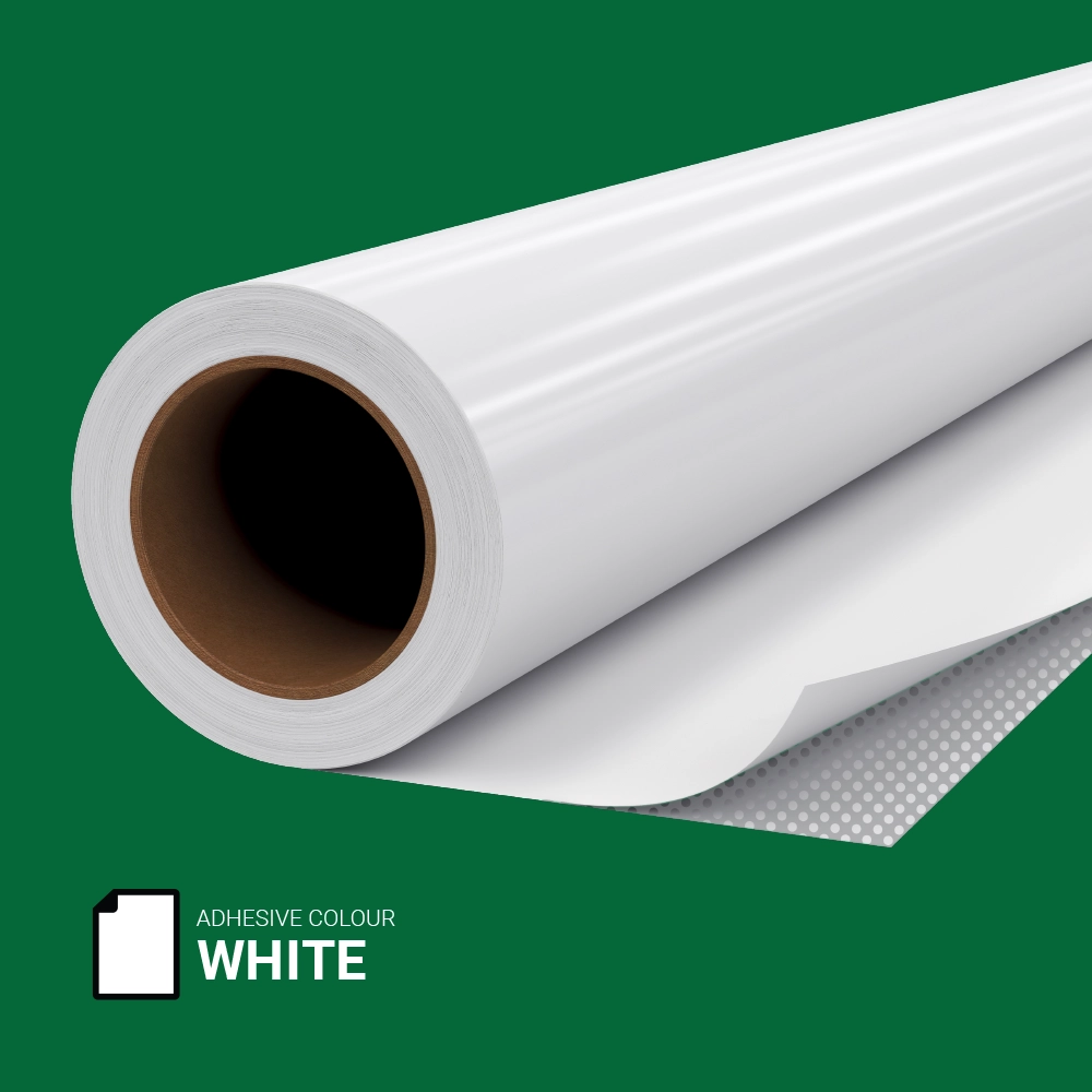 Roll of white repositionable Easy Dot adhesive vinyl on green background, ideal for quick and easy internal applications