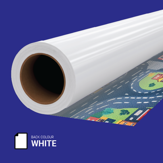 Indoor White 2mm Floor Lino- 115 | Roll of white 2mm anti-slip lino flooring with printed design visible beneath, ideal for internal floor graphics