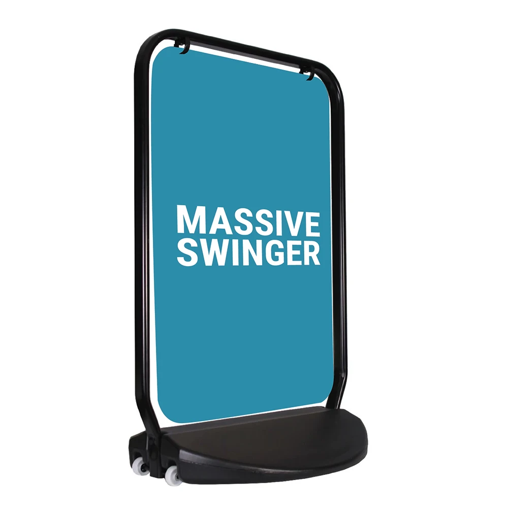 Massive Swinger pavement sign with durable black steel frame and weighted base