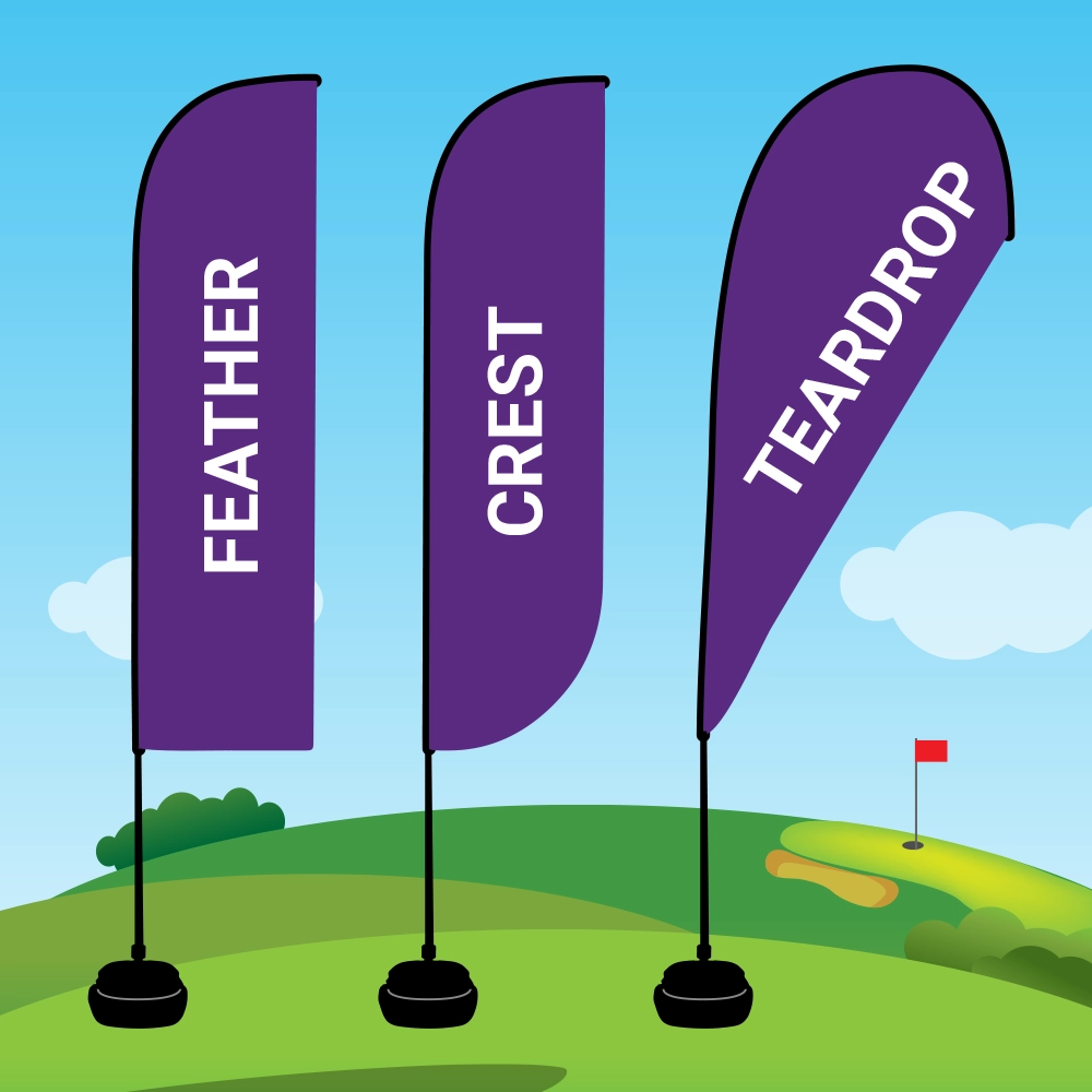 Set of purple feather, crest, and teardrop outdoor flags on grass with weighted bases