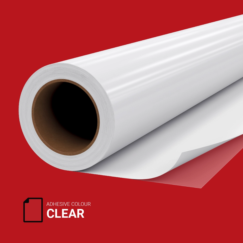 Optically Clear- 115 | Roll of optically clear self adhesive vinyl on red background, ideal for transparent window graphics and displays