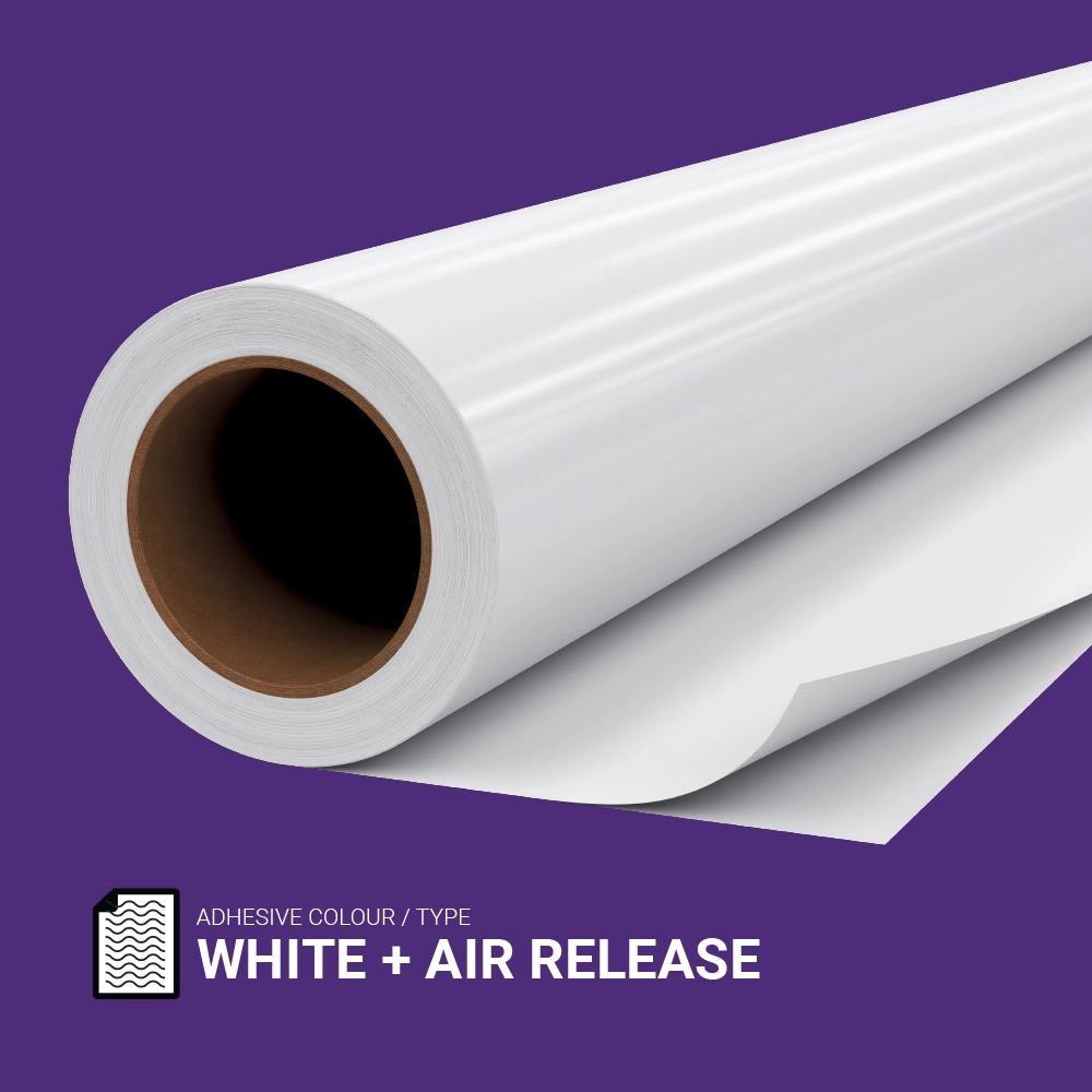 Printed Wrap Vinyl- 115 | Roll of white printed wrap vinyl with air-release adhesive on purple background, ideal for vehicle and surface wrapping