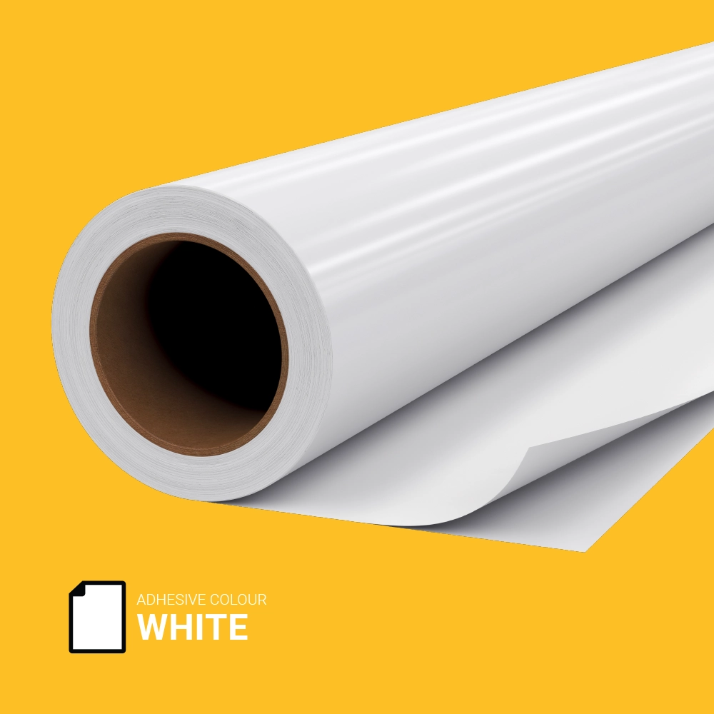 Removable Air Release- 115 | Roll of removable white self-adhesive vinyl with air-release adhesive on a yellow background, ideal for short-term graphics