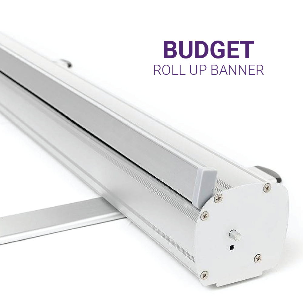 Budget roll up banner stand with durable aluminium base and retractable printed graphic