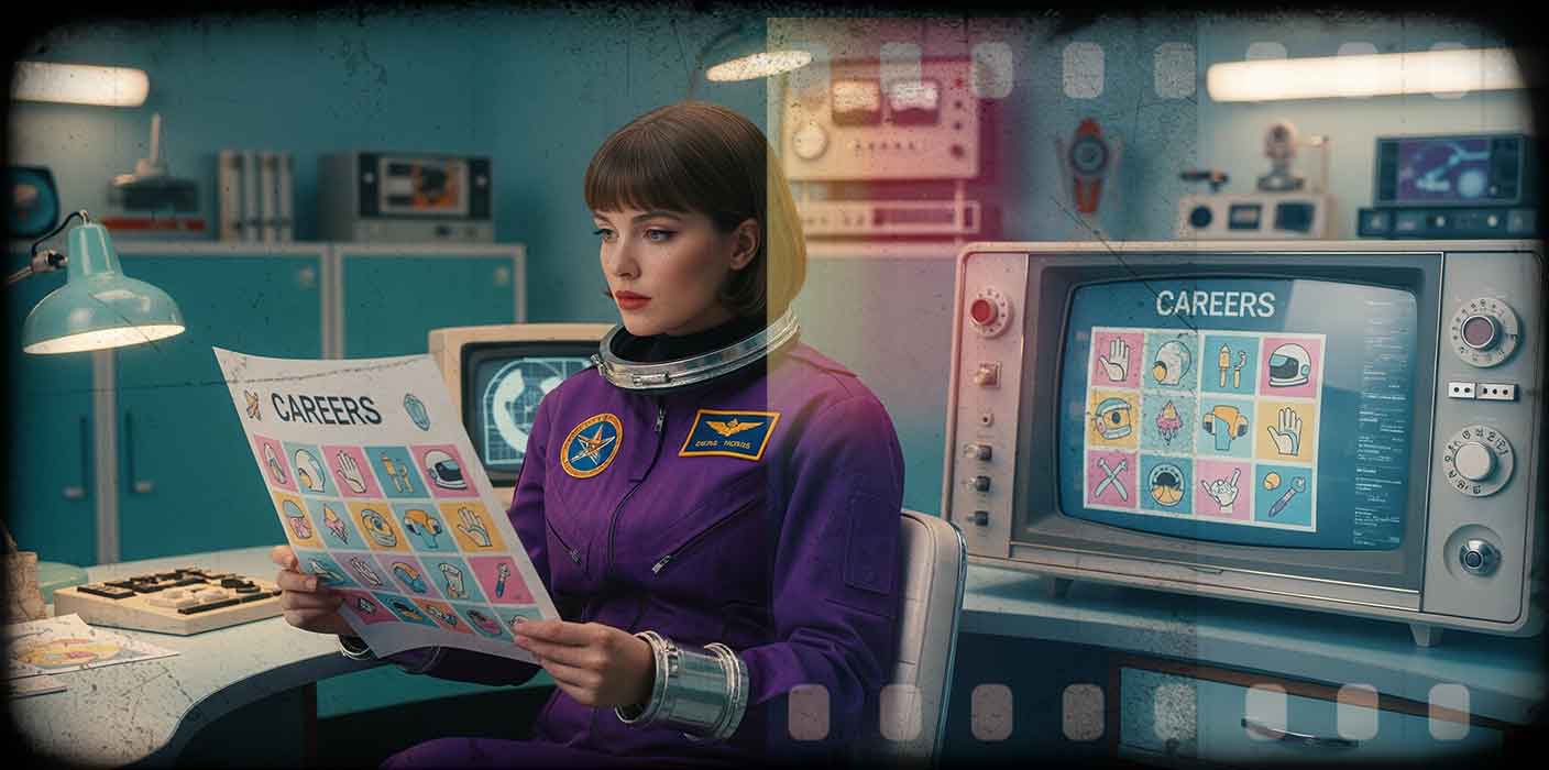 Retro-futuristic graphic designer in astronaut uniform reviewing colourful print layouts on screen and paper inside Beautiful LFP studio.