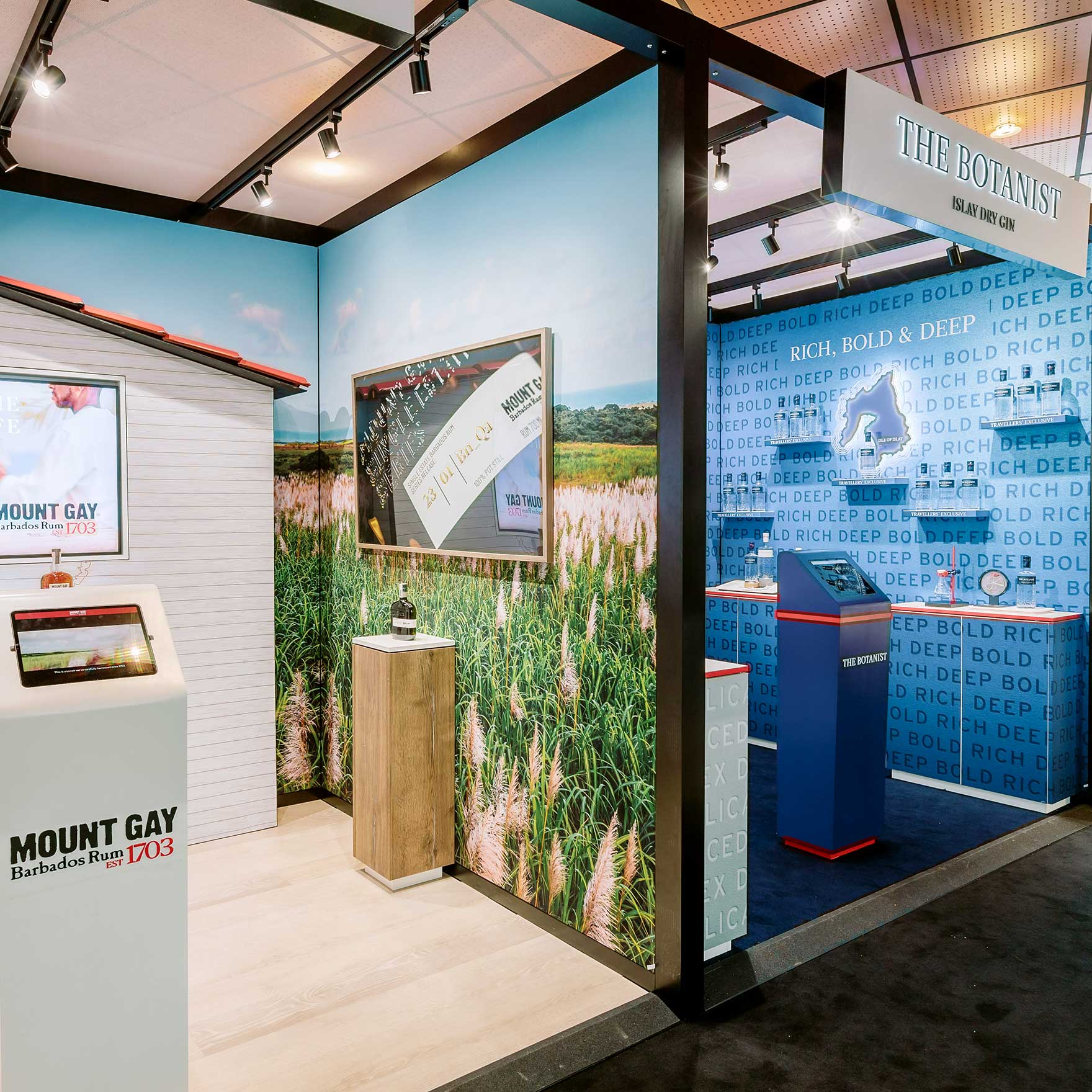 Mount Gay Rum and The Botanist Gin exhibition stands with printed graphics and illuminated displays produced by Beautiful LFP for Rémy Cointreau.