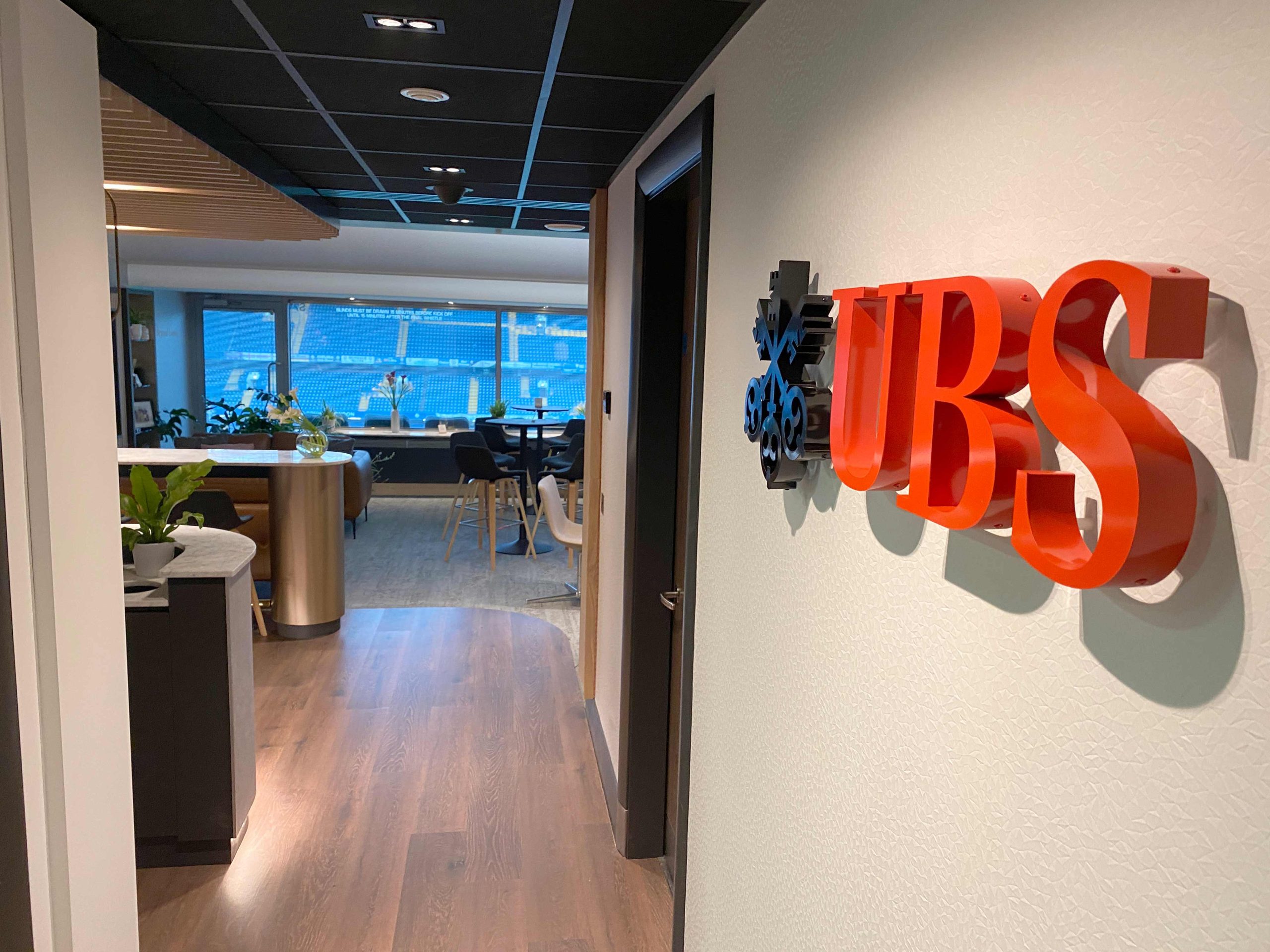 UBS 3D wall signage inside the VIP Lounge at Chelsea FC’s Stamford Bridge, produced and installed by Beautiful LFP.