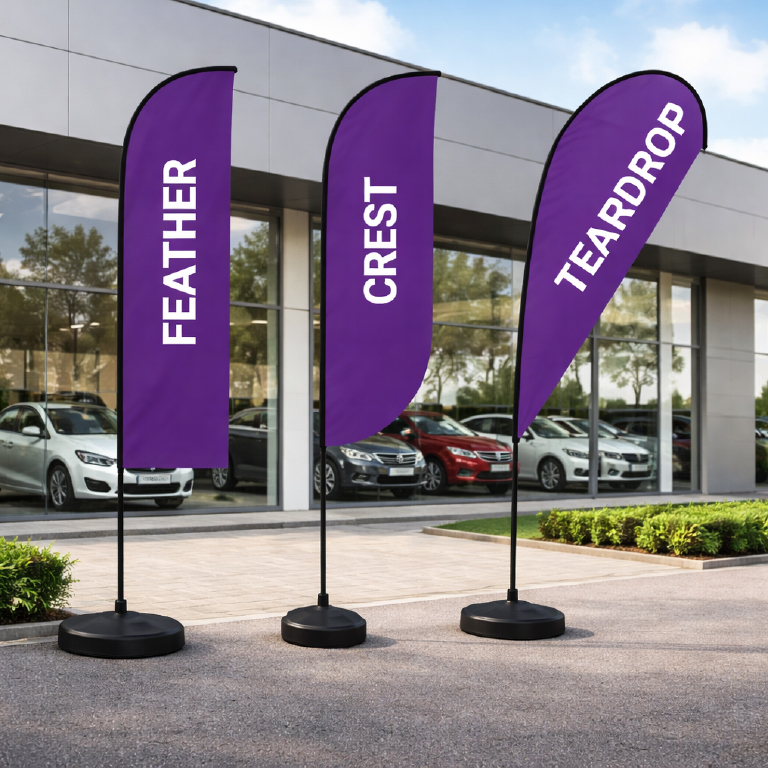 Feather, crest, and teardrop flag printing for outdoor advertising, events, and retail promotions