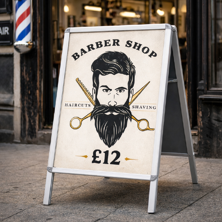 A-board pavement sign with printed panels for outdoor retail advertising and street signage